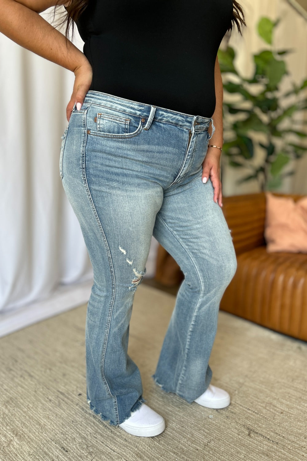 Judy Blue Full Size Medium Rise Tummy Control Destroy Flare Jeans