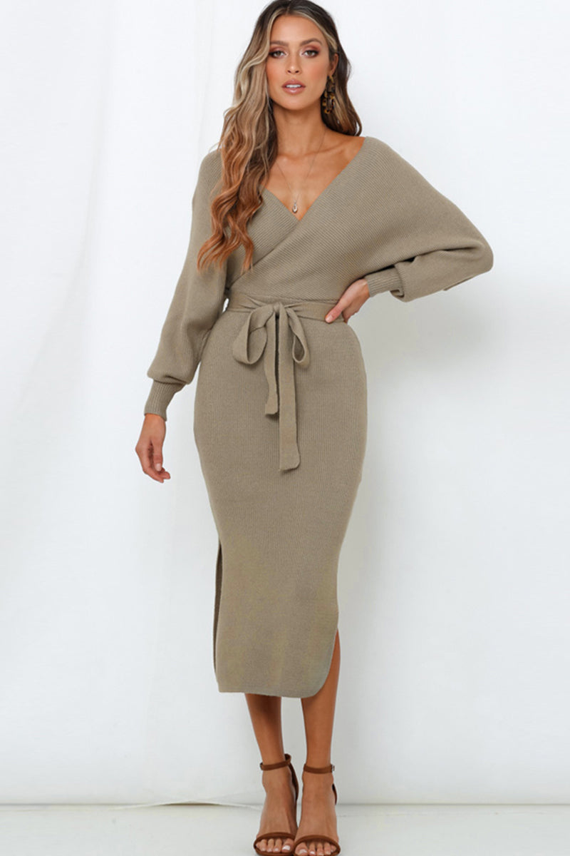 Surplice Neck Bow Waist Slit Sweater Dress