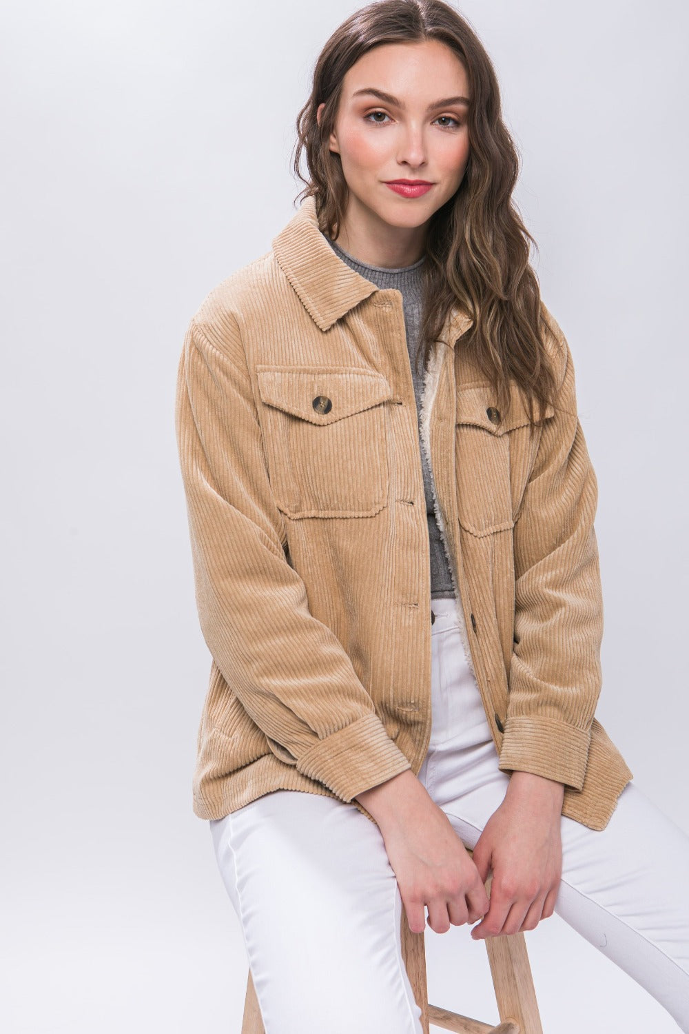 Love Tree Corduroy Button Up Jacket with Sherpa Inside