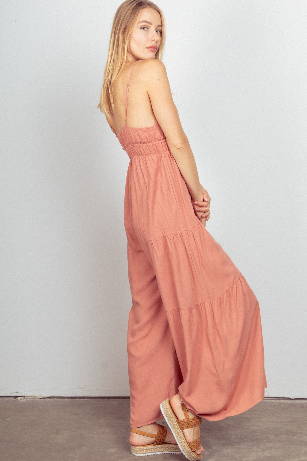 VERY J Sleeveless Ruched Wide Leg Jumpsuit