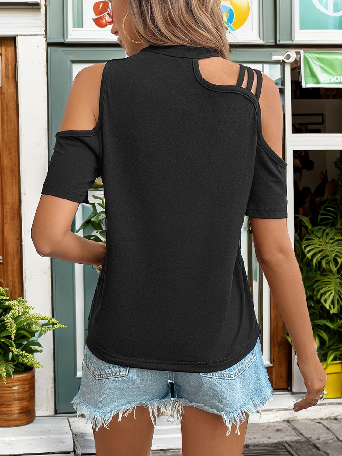 Asymmetric Cold Shoulder Short Sleeve T-Shirt