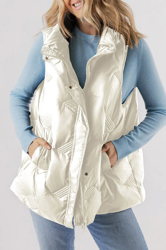 Pocketed Textured Zip Up Vest Coat