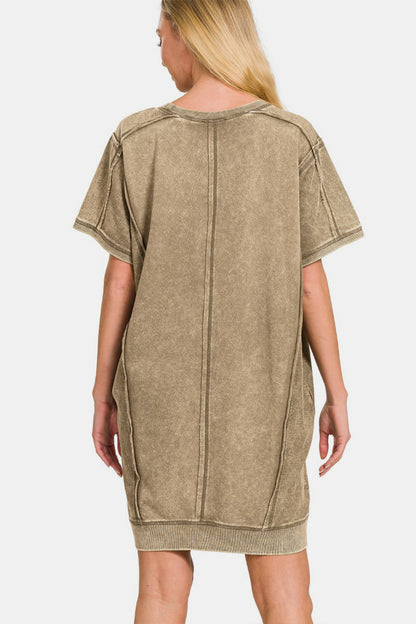 Zenana Mocha Brown Washed Exposed Seam Mini Tee Dress