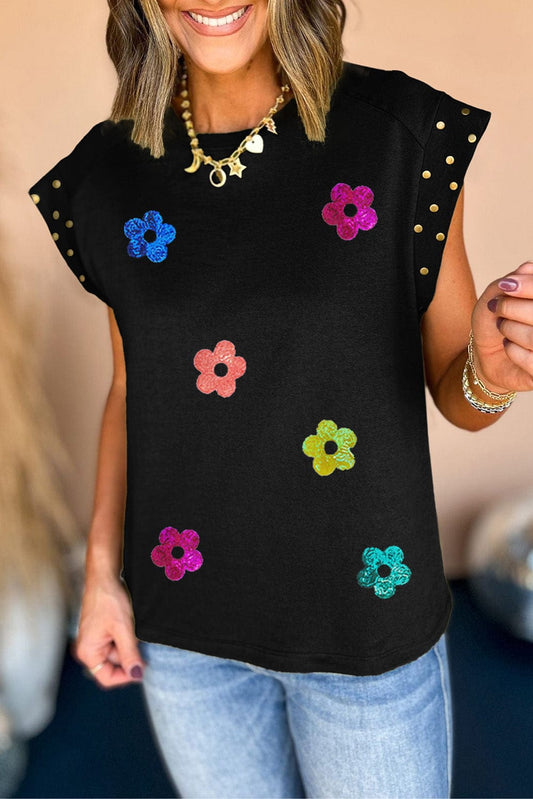 Full Size Studded Flower Round Neck Cap Sleeve Blouse