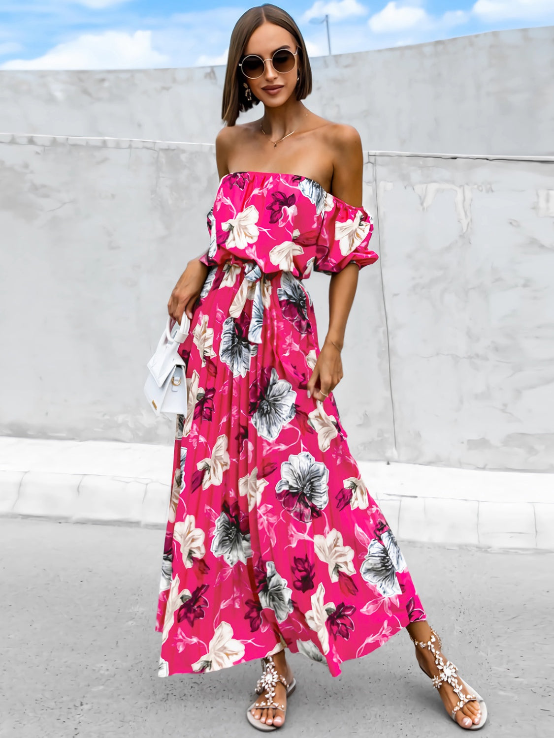 Full Size Pleated Floral Off-Shoulder Short Sleeve Midi Dress