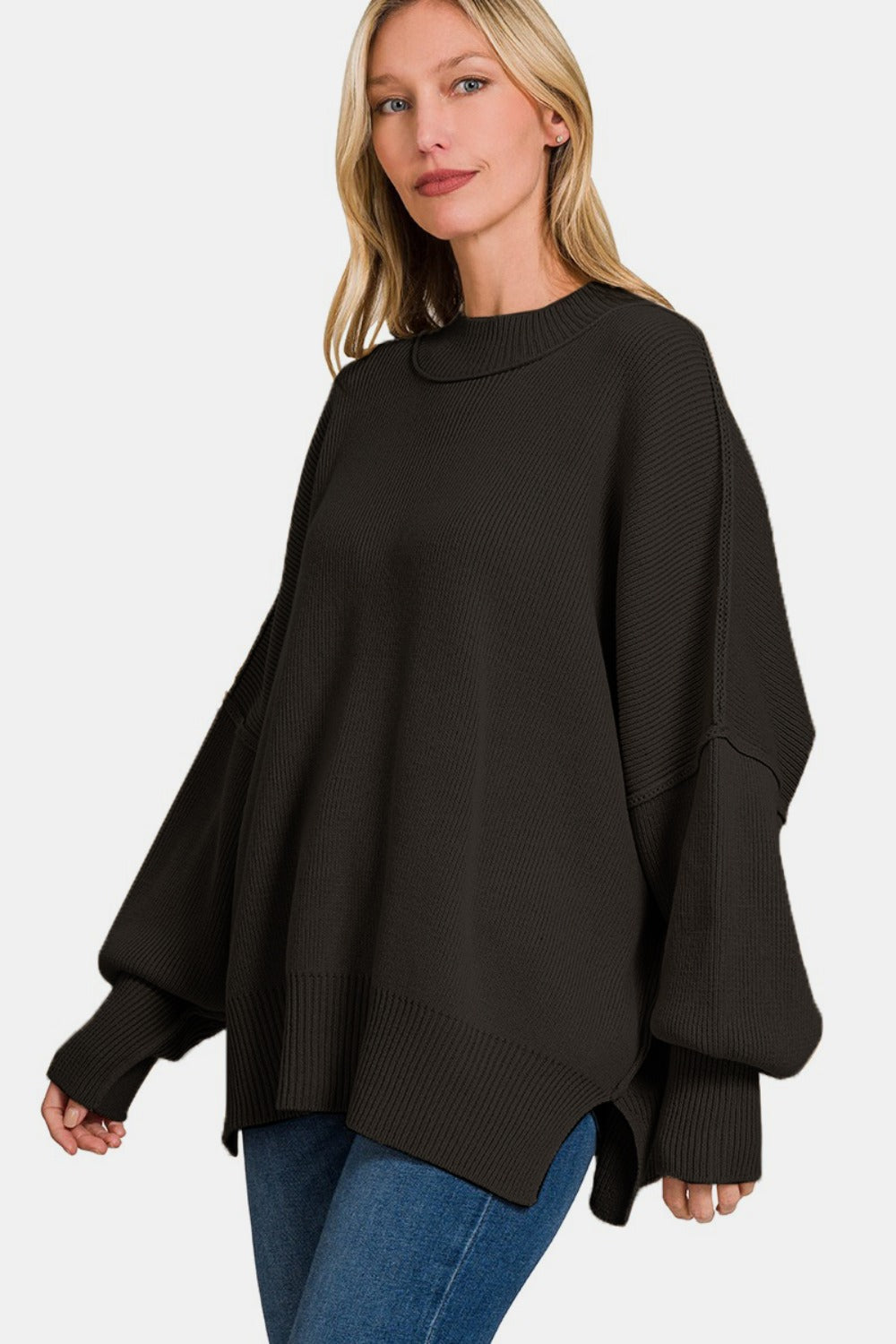 Zenana Side Sit Oversize Black Sweater