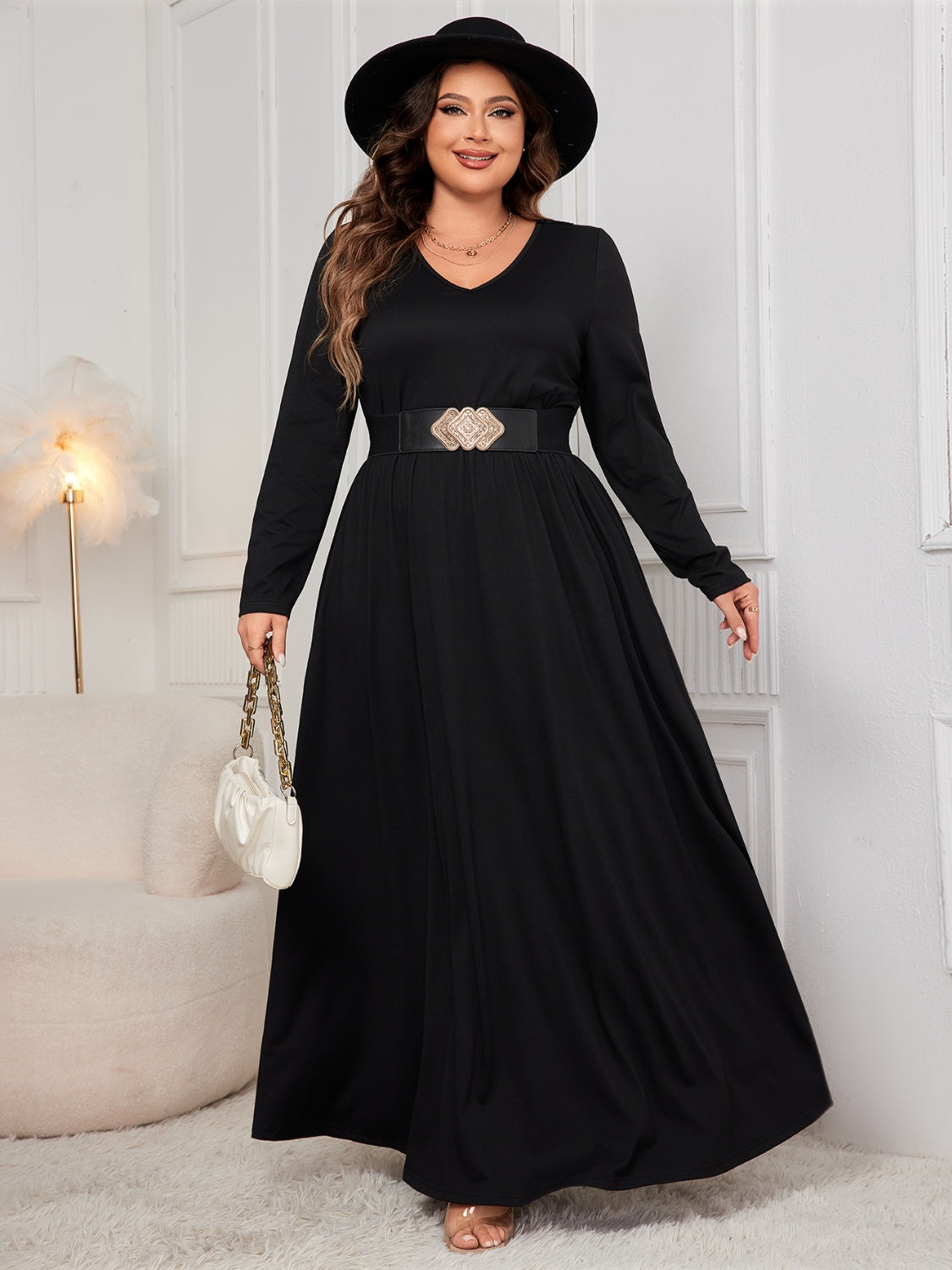 Plus Size Cutout V-Neck Black Long Sleeve Maxi Dress