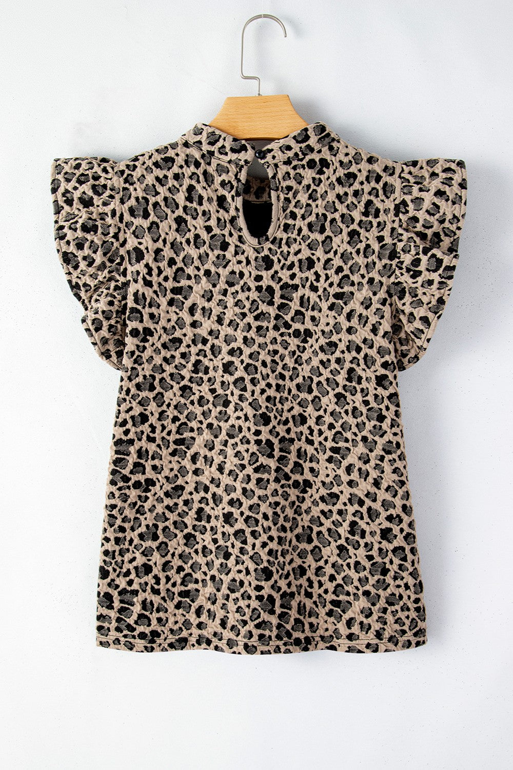 Full Size Ruffled Leopard Round Neck Cap Sleeve Blouse