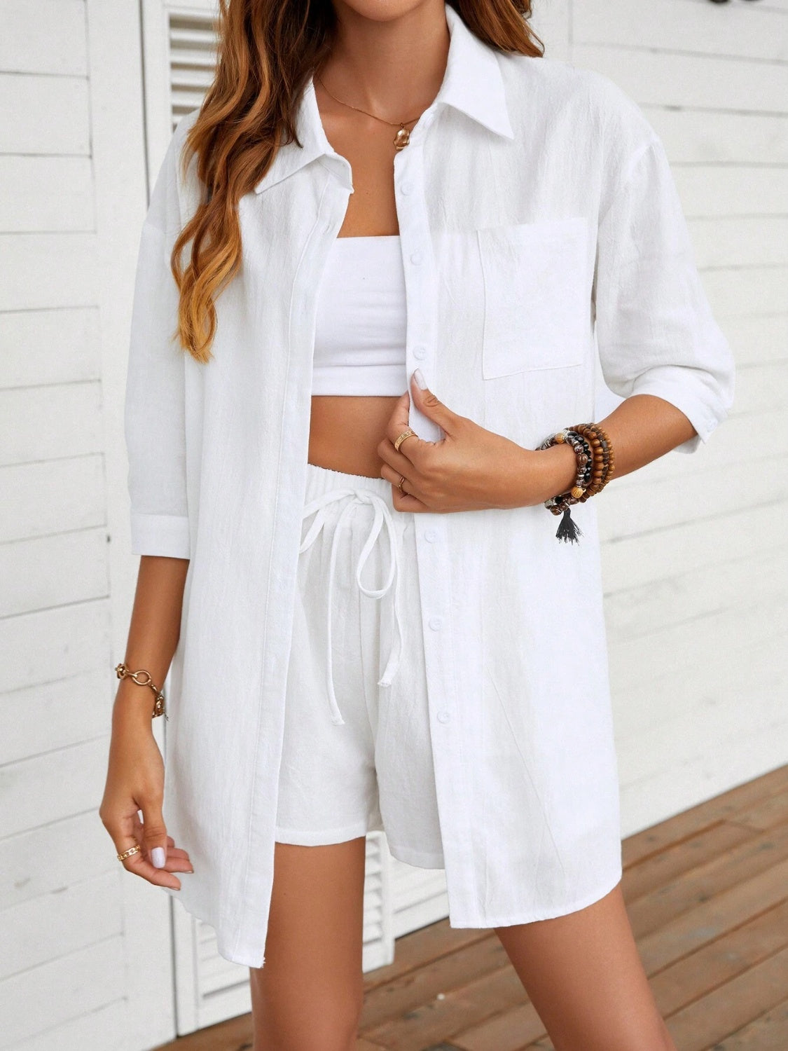 Full Size Dropped Shoulder Button Up Shirt and Shorts Set