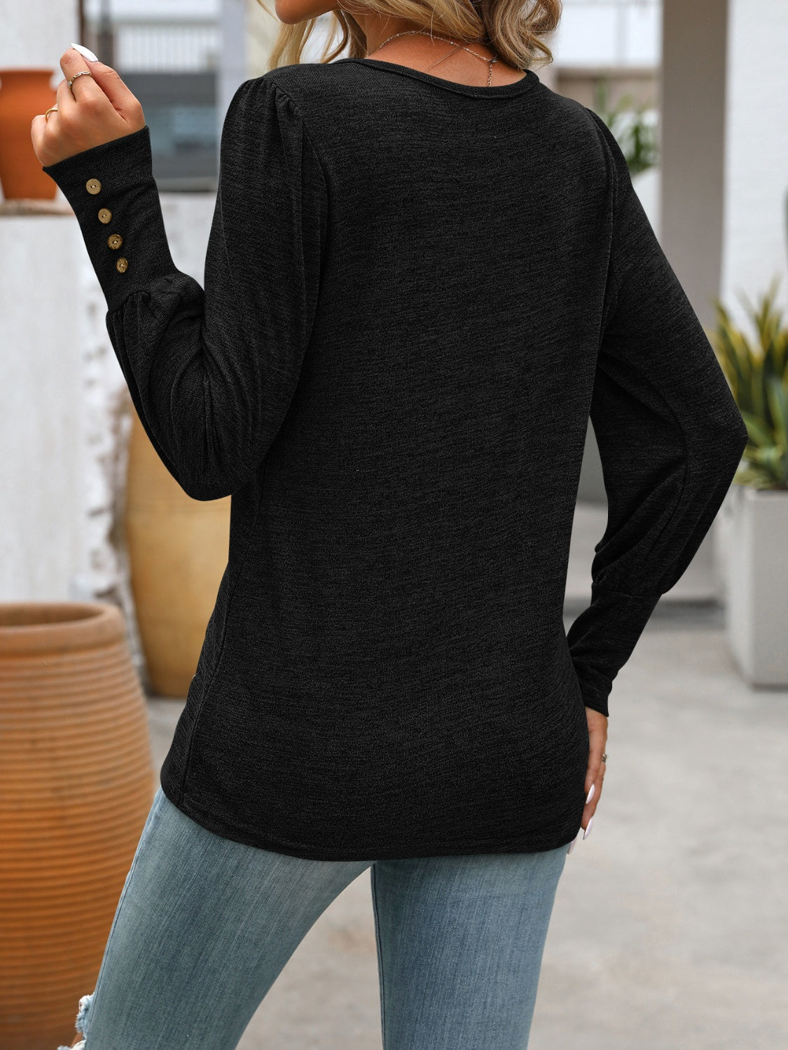 Full Size Decorative Button Round Neck Long Sleeve T-Shirt