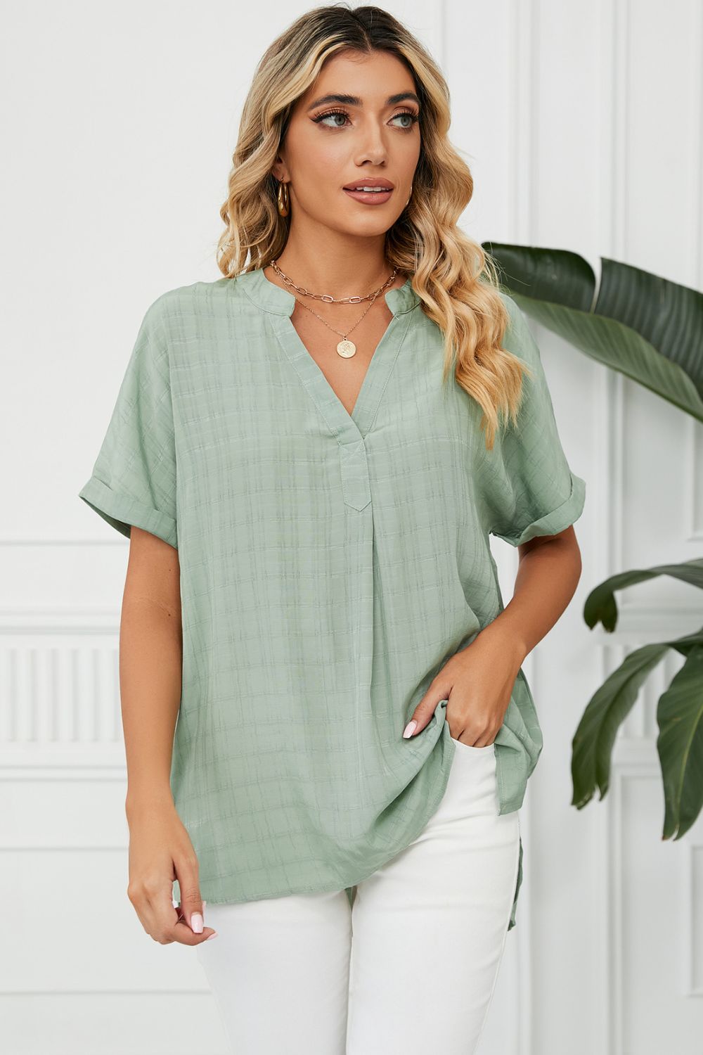 Full Size Side Slit Notched Neck Cuffed Short Sleeve Blouse