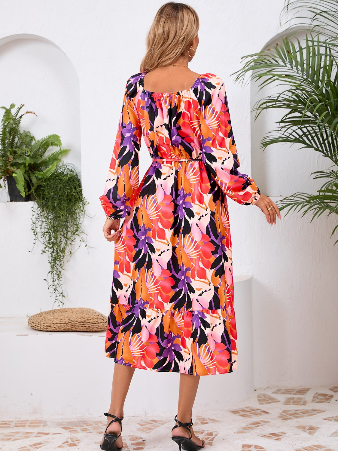 Full Size Printed Long Sleeve Midi Dress