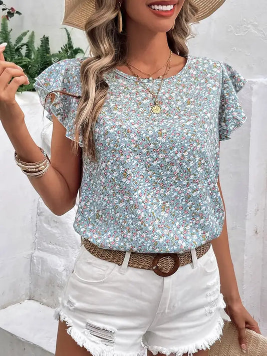 Full Size Ditsy Floral Round Neck Cap Sleeve Top