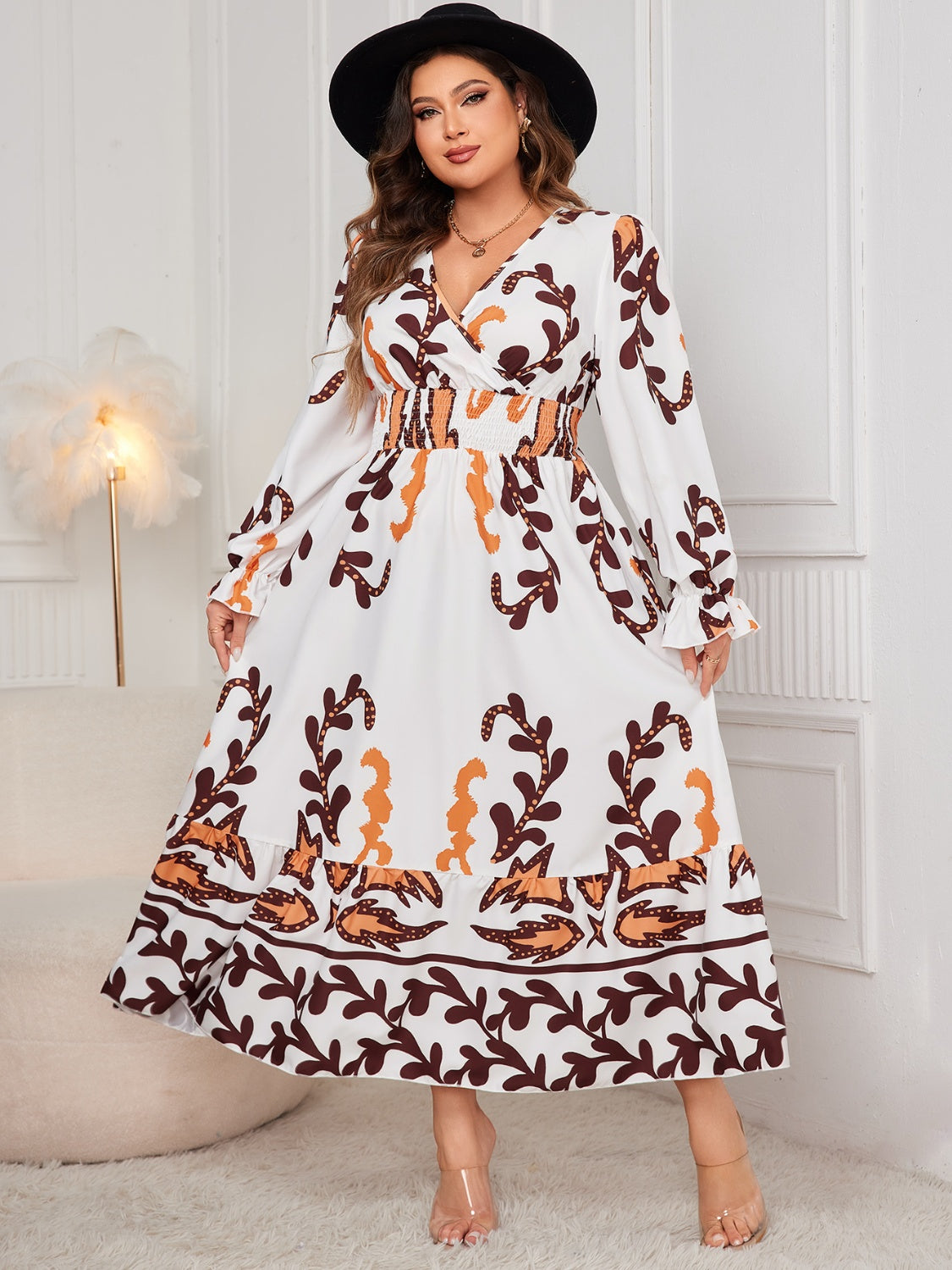 Plus Size Printed Surplice White Flounce Sleeve Dress