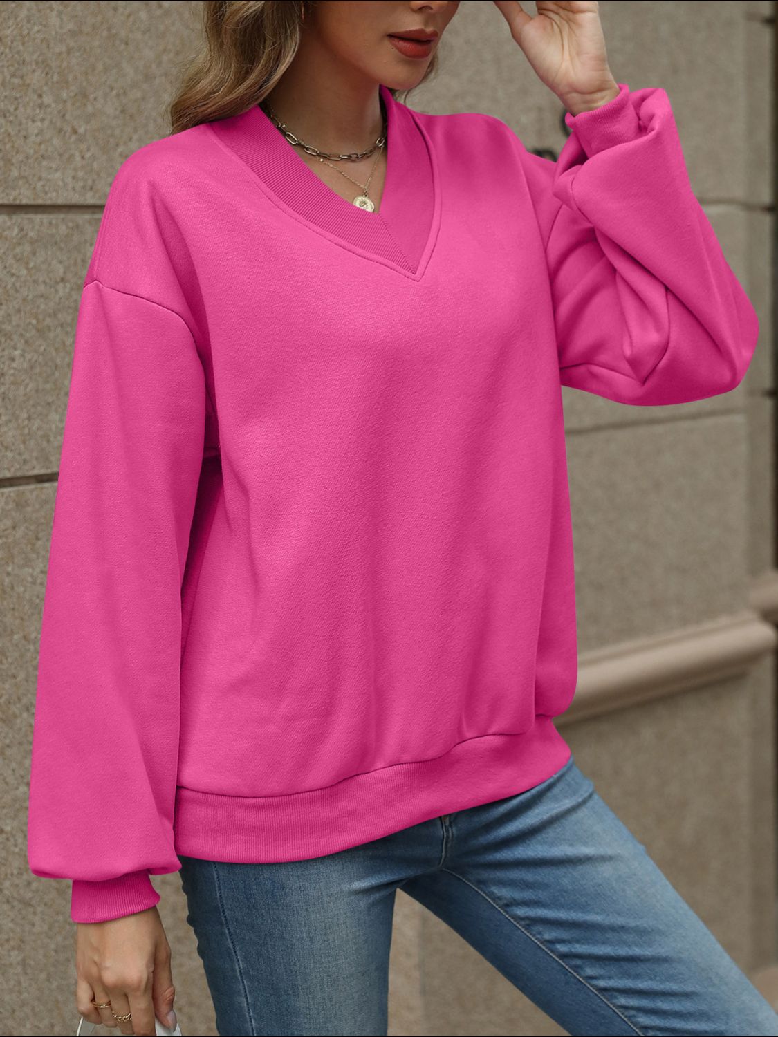 V-Neck Long Sleeve Dropped Shoulder Sweatshirt