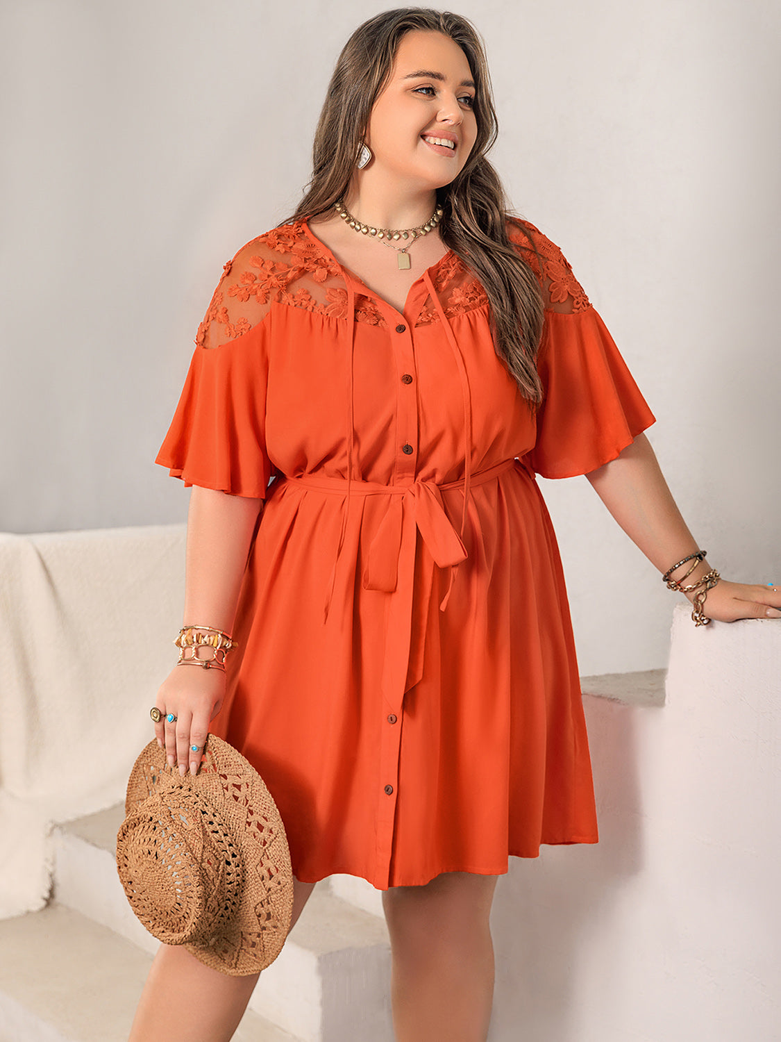 Plus Size Lace Button Up Half Sleeve Orange Dress