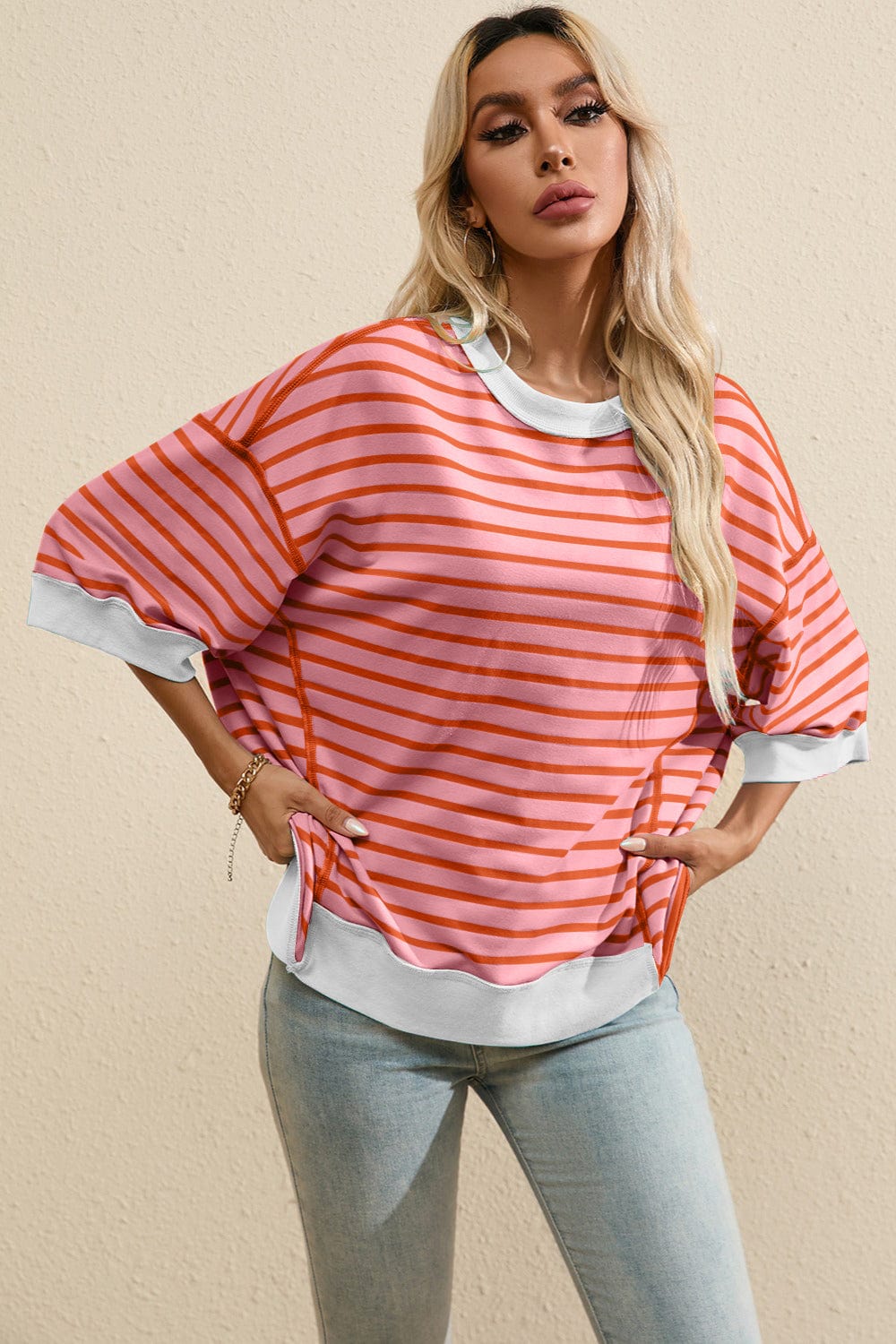 Full Size Striped Round Neck Half Sleeve T-Shirt