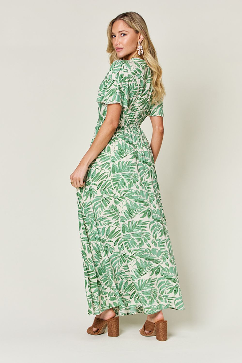 Double Take Full Size Printed Drawstring Short Sleeve Maxi Dress