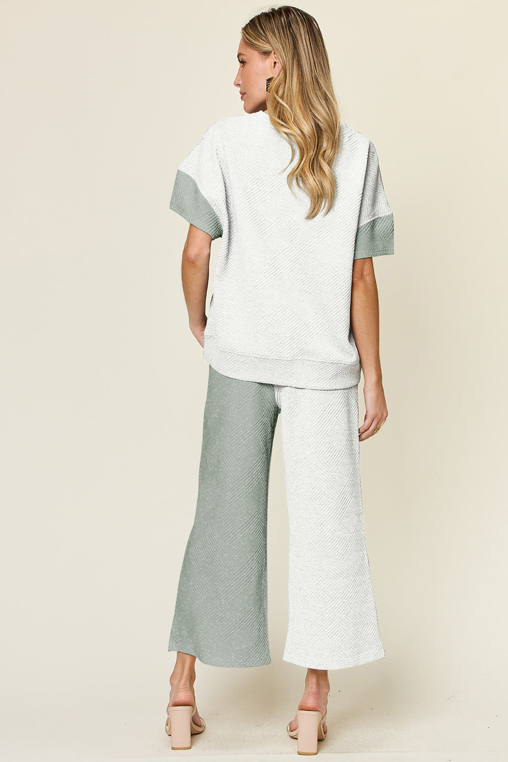 Double Take Full Size Texture Contrast T-Shirt and Wide Leg Pants Set