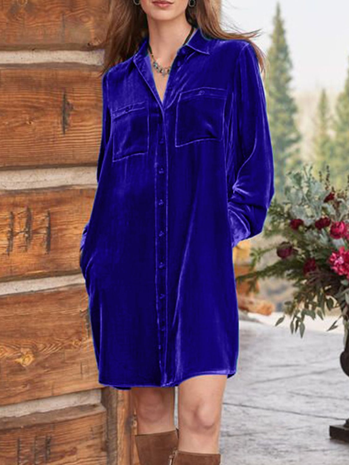 High-Low Button Up Long Sleeve Knee Length Dress