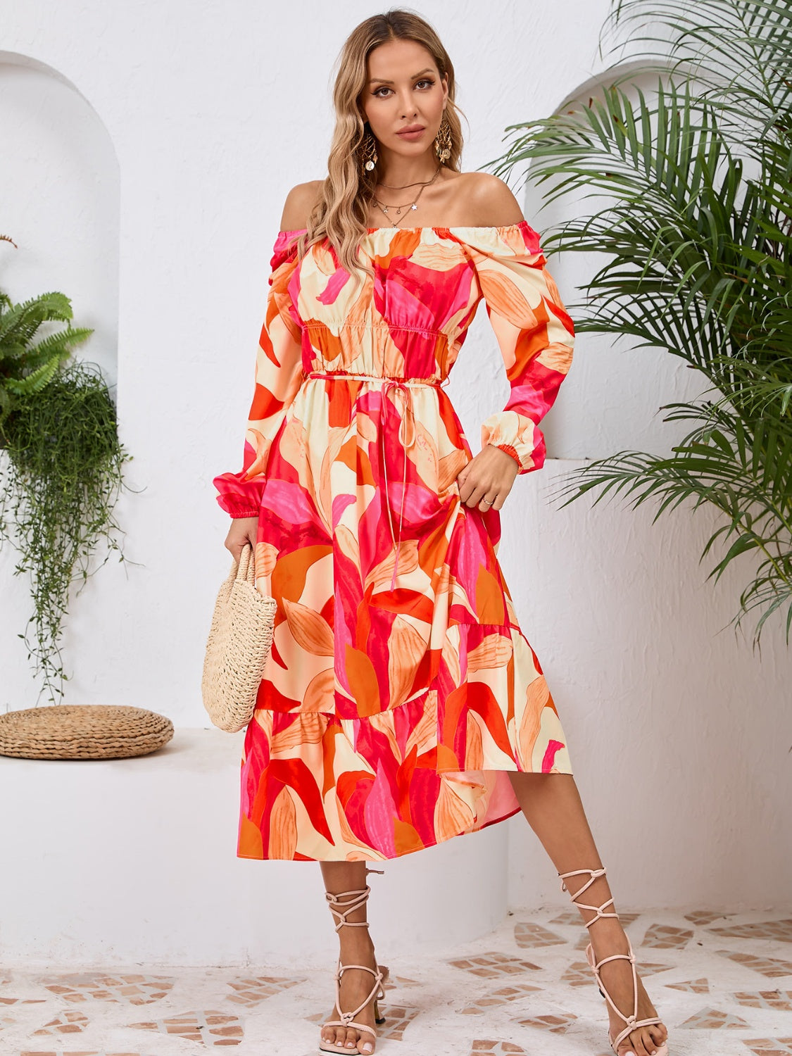 Full Size Printed Long Sleeve Midi Dress