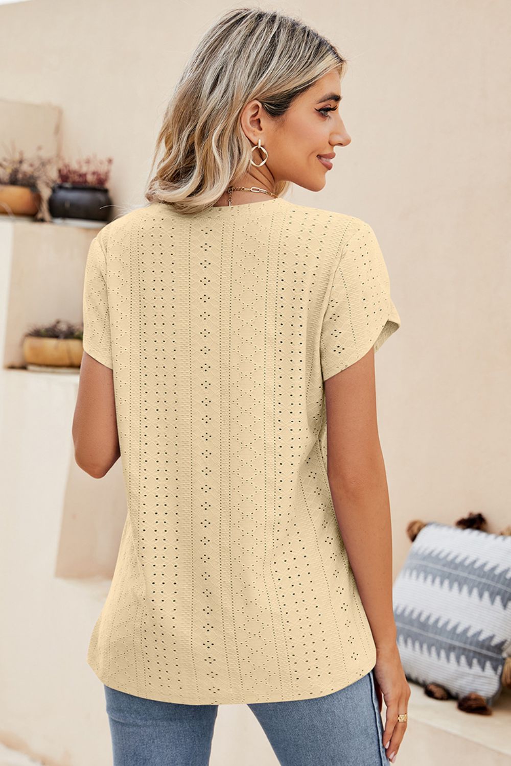 Eyelet Petal Sleeve V-Neck Knit Top