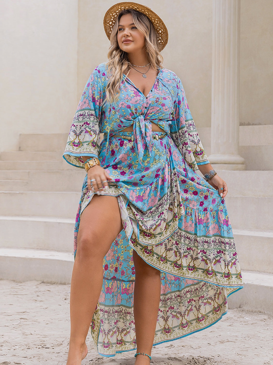 Plus Size Printed Light Blue Tie Neck Top and Skirt Set