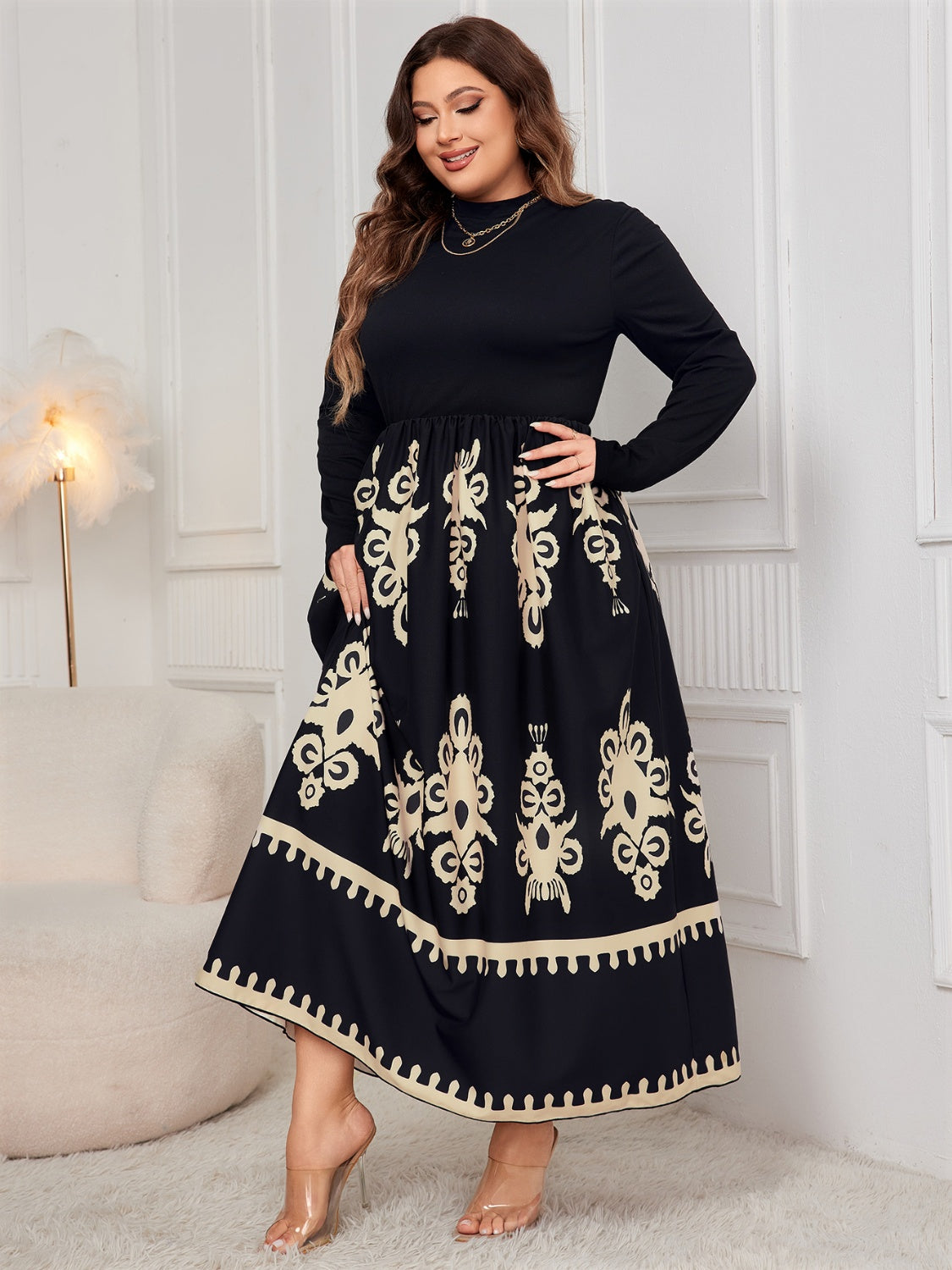 Plus Size Printed Mock Neck Black Long Sleeve Dress