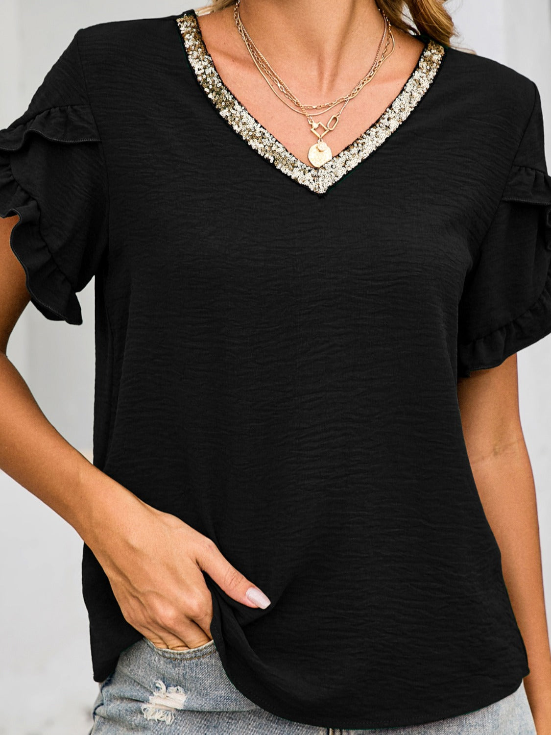 Ruffled V-Neck Short Sleeve Blouse