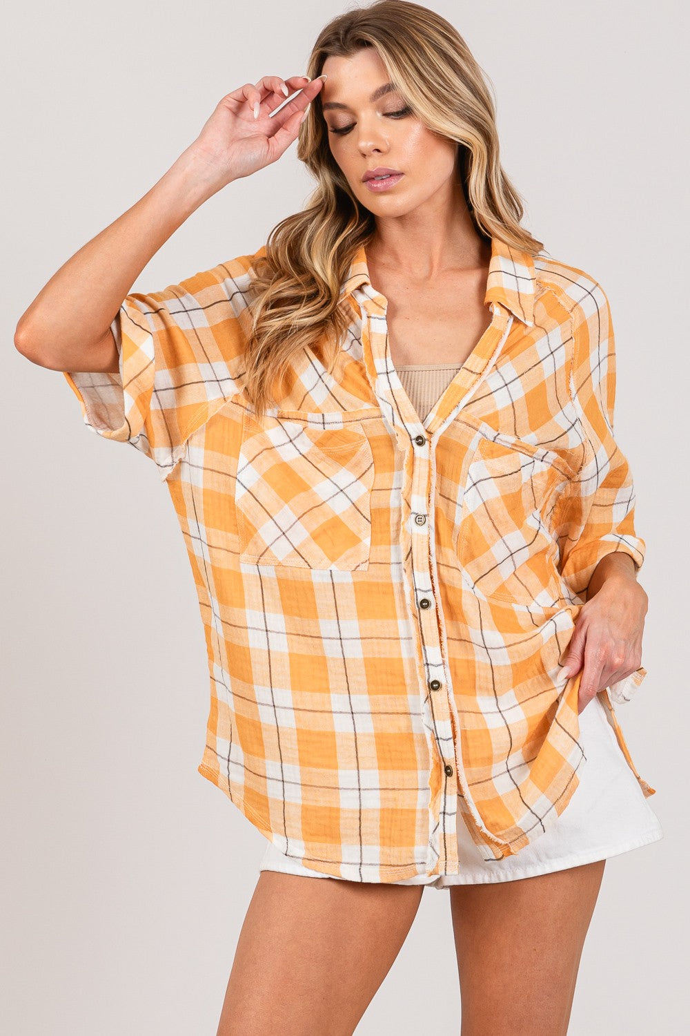 SAGE + FIG Plaid Apricot Button Up Side Slit Shirt