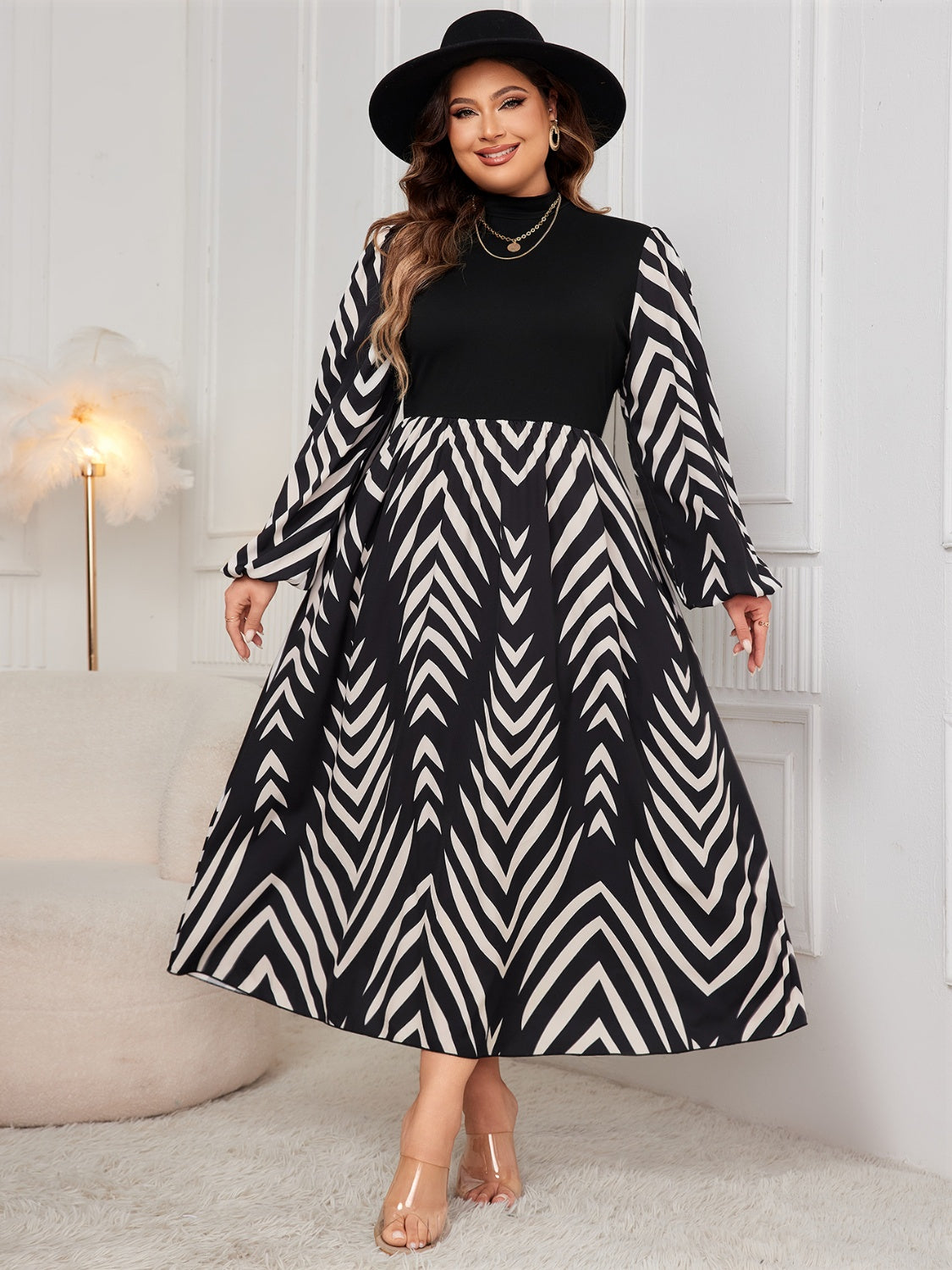 Plus Size Printed Mock Neck Long Sleeve Black Midi Dress