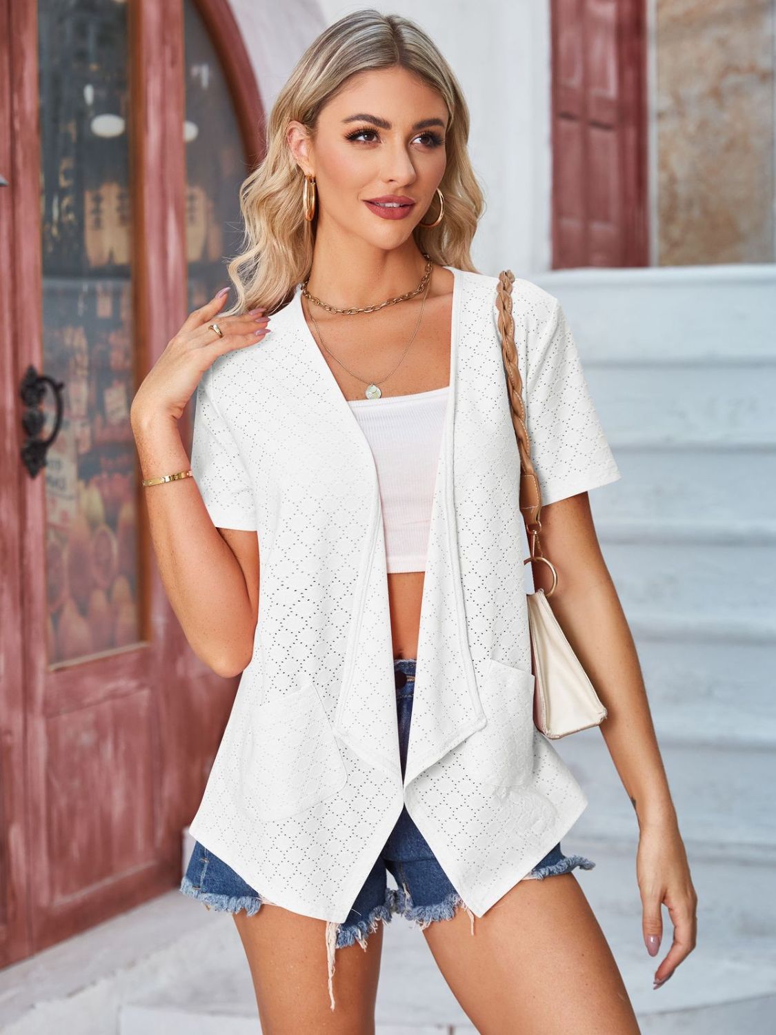 Eyelet Open Front Short Sleeve Cover Up