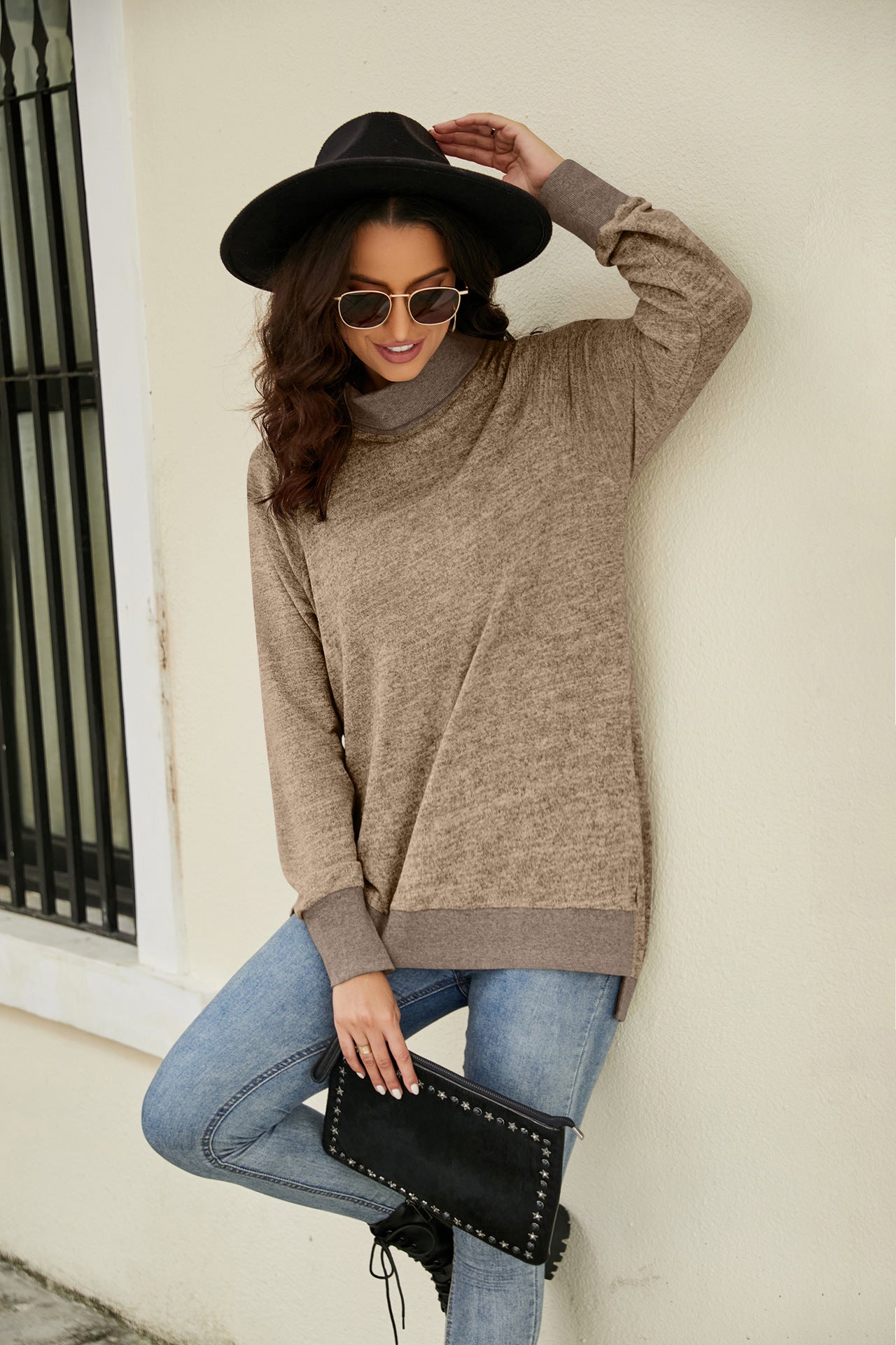 Heathered Slit High-Low Long Sleeve Top