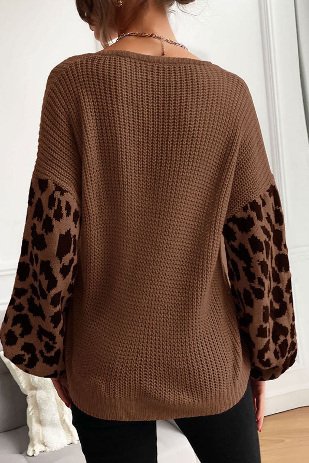 Perfee Leopard Sleeve Dropped Shoulder Sweater