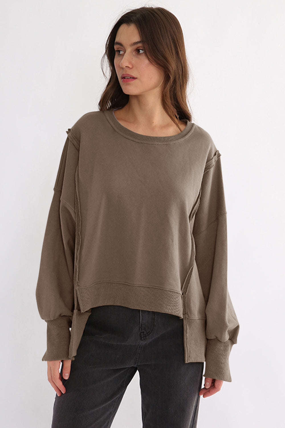 Exposed Seam High-Low Long Sleeve Sweatshirt