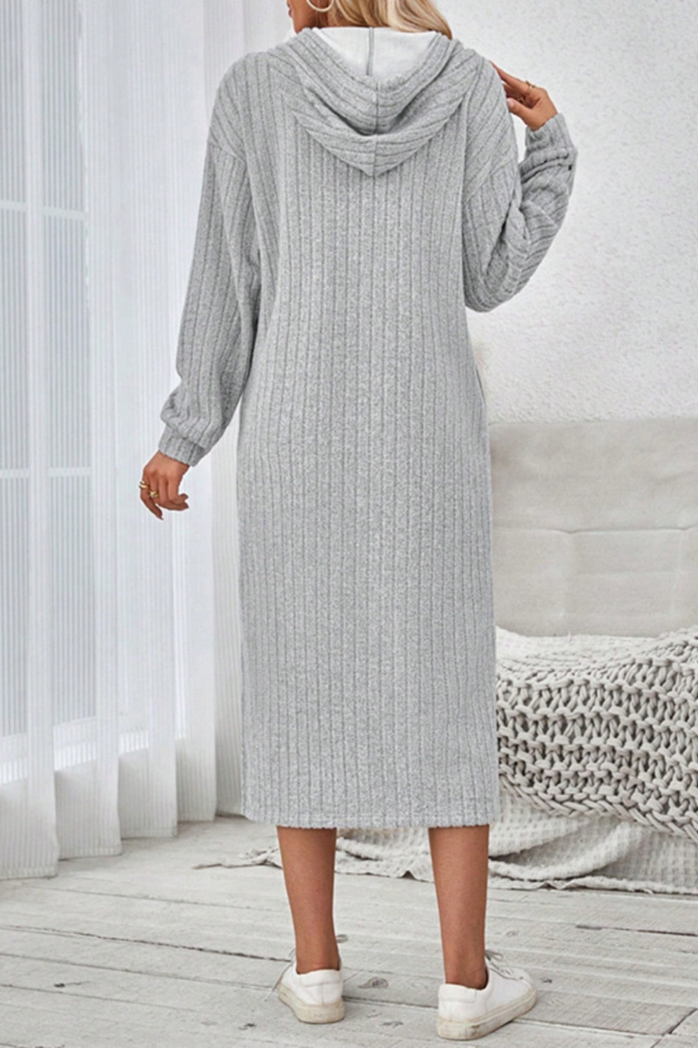 Side Slit Drawstring Long Sleeve Hooded Dress