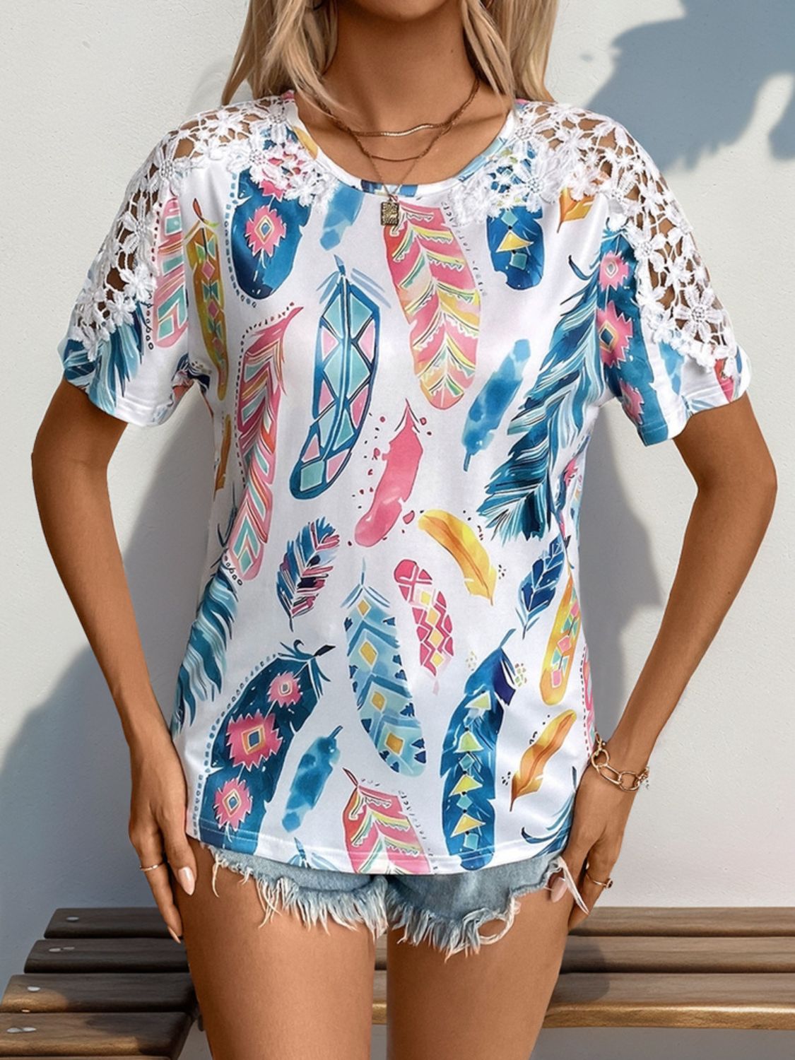 Printed Round Neck Lace Short Sleeve Top