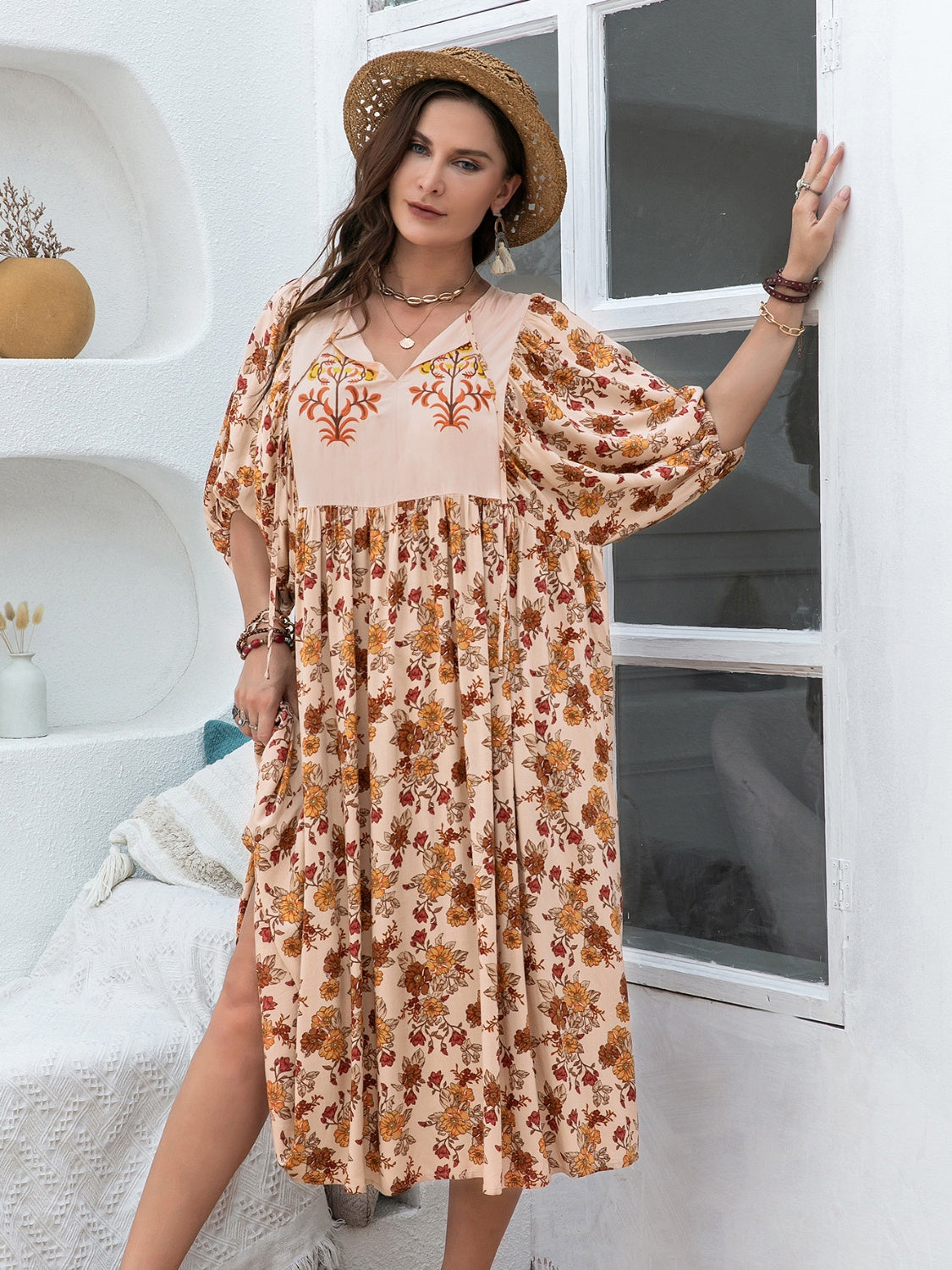 Plus Size Floral Printed Tie Neck Half Sleeve Midi Dress