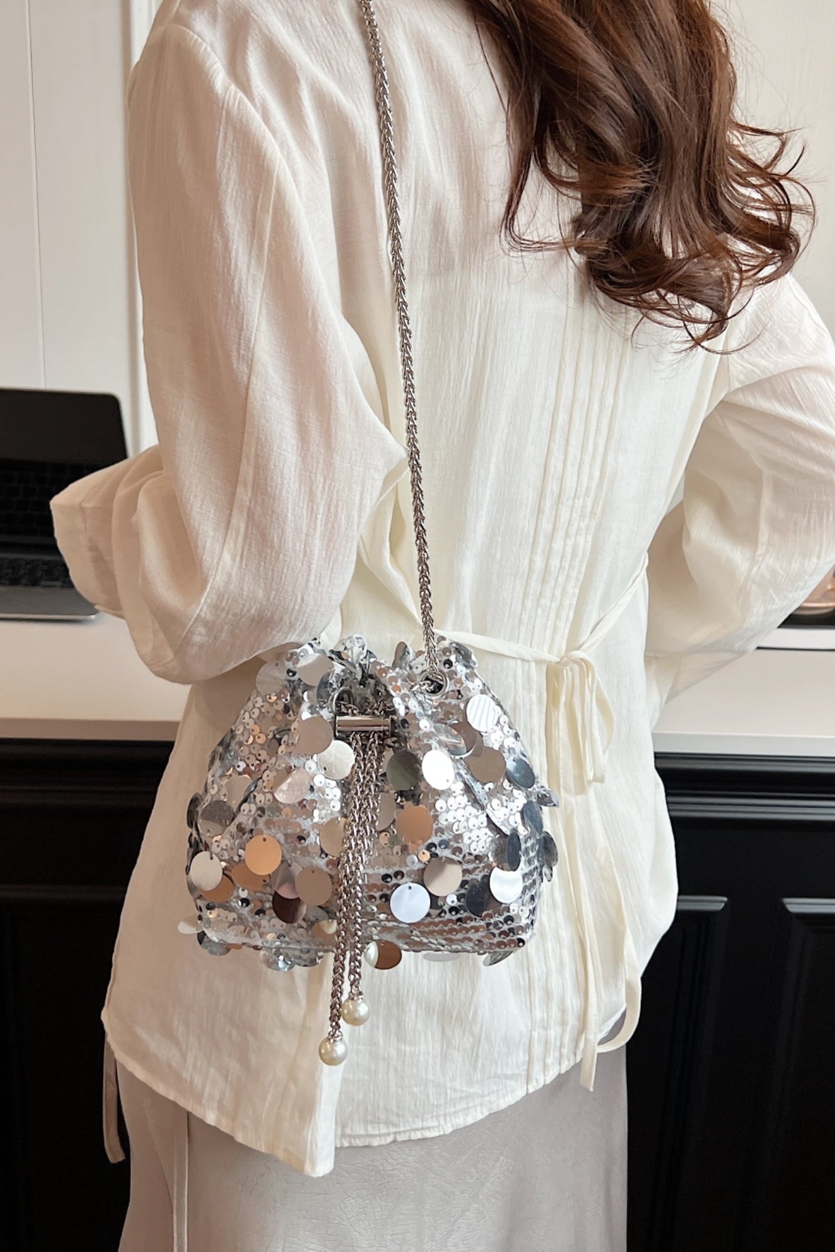 Drawstring Sequin Crossbody Bag