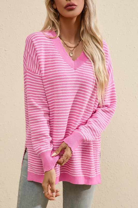 Striped V-Neck Long Sleeve Top