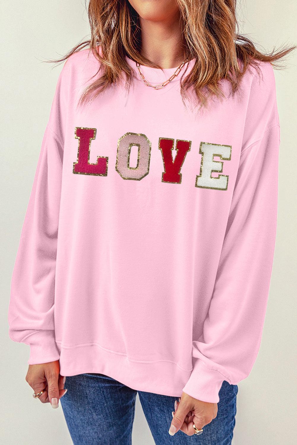 LOVE Patch Round Neck Dropped Shoulder Sweatshirt