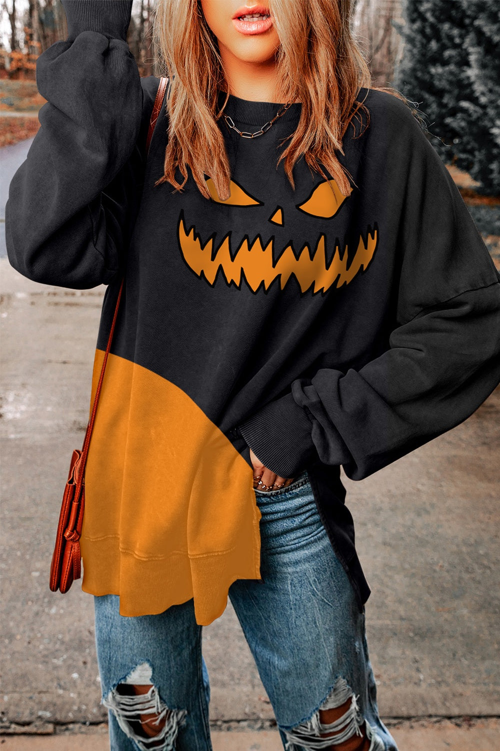 Round Neck Drop Shoulder Slit Graphic Sweatshirt