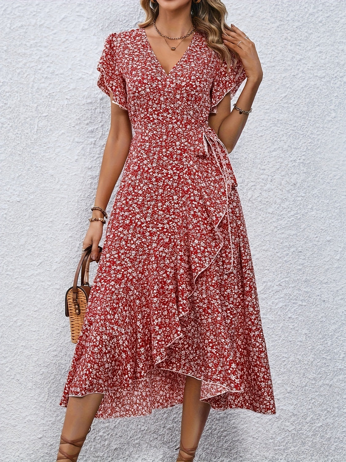 Full Size Printed Surplice Flutter Sleeve Midi Dress