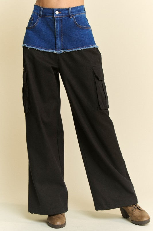 Davi & Dani Denim Patchwork Wide Leg Pants with Cargo Pockets