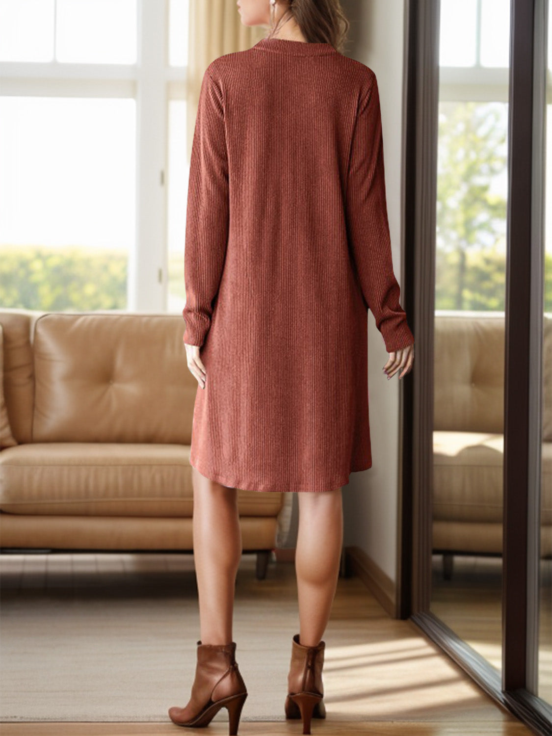 Notched Long Sleeve Mini Dress with Pockets