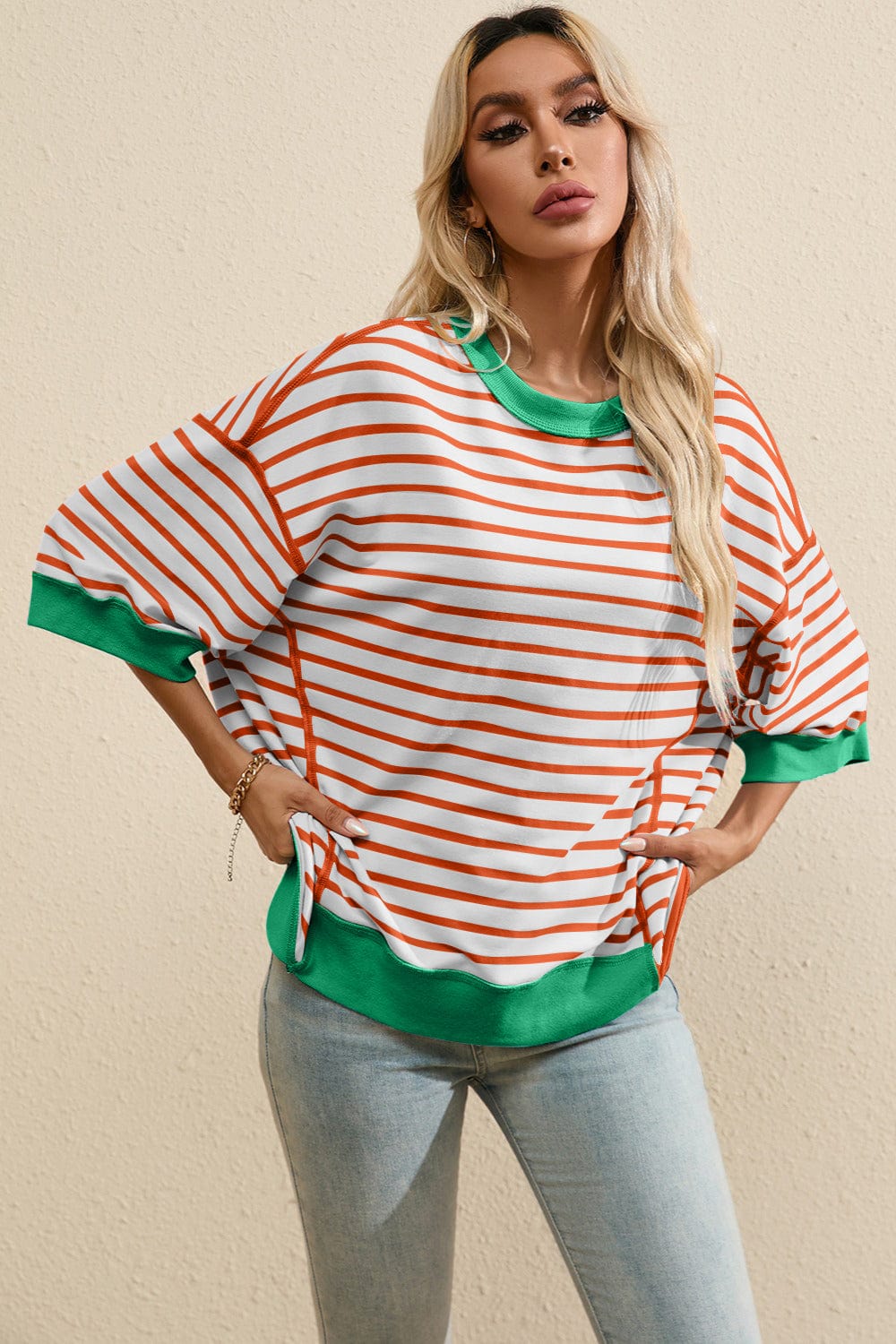 Full Size Striped Round Neck Half Sleeve T-Shirt