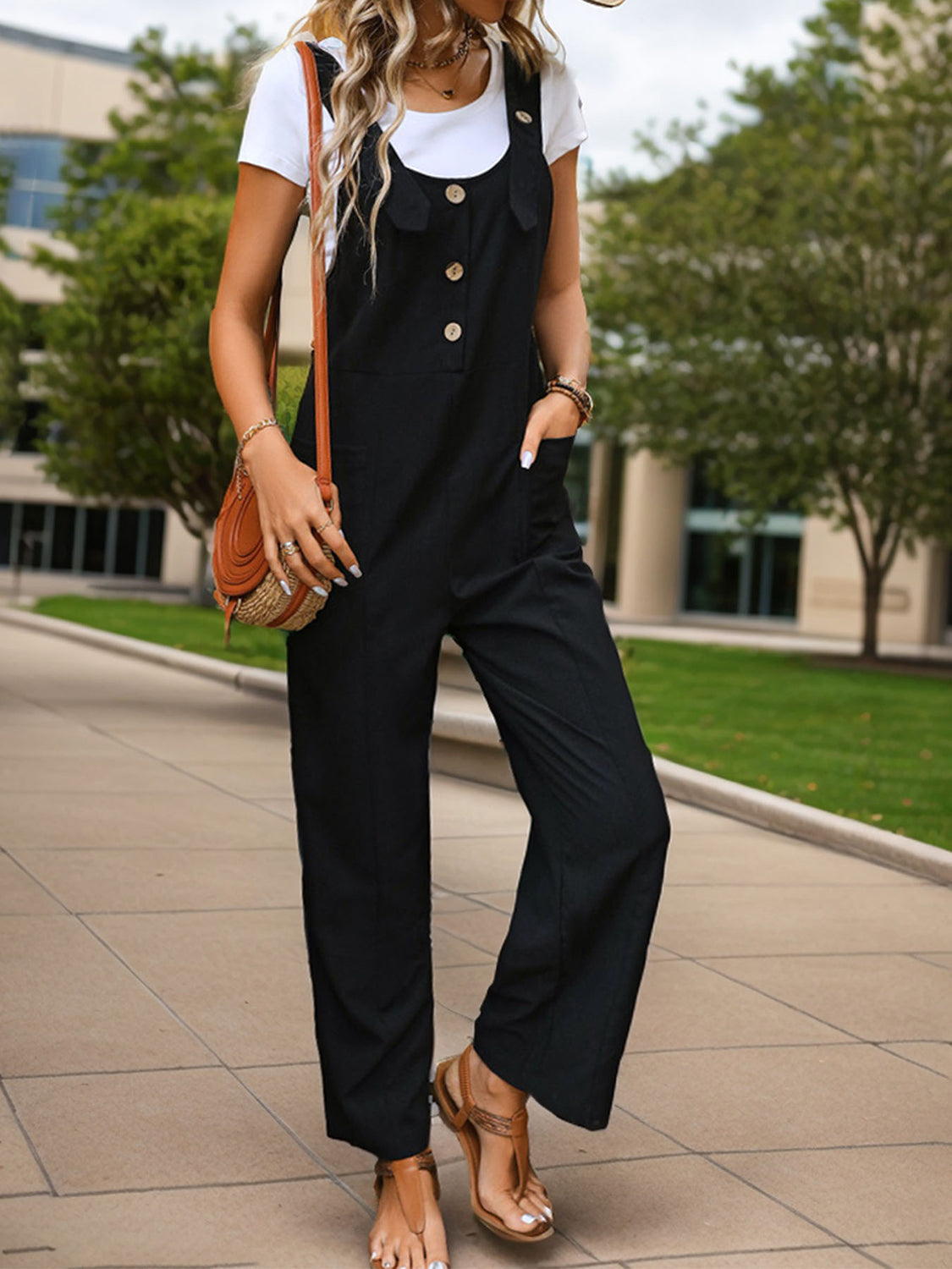Beautiful Bea Pocketed Wide Strap Black Overalls