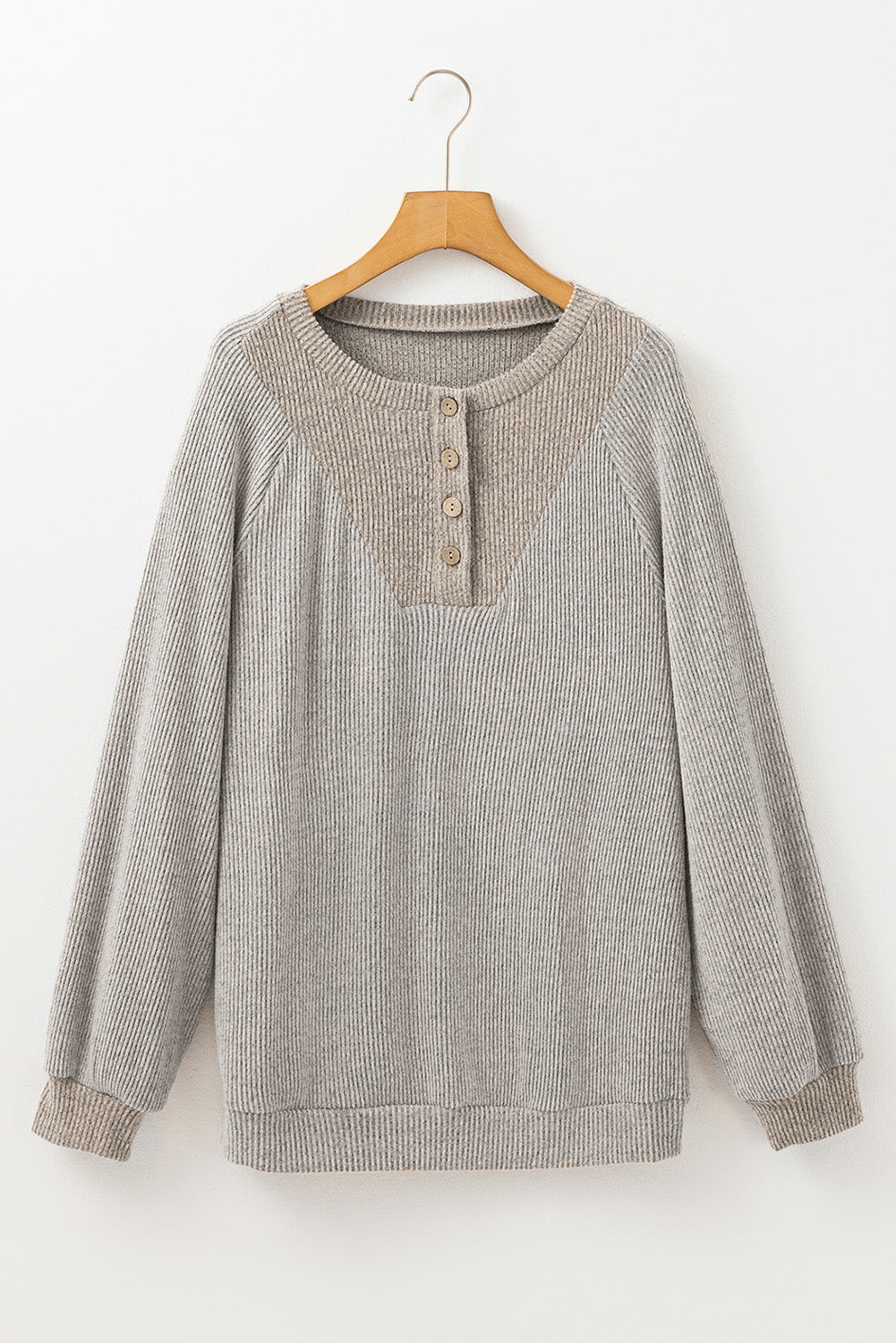 Contrast Quarter Button Round Neck Long Sleeve Top