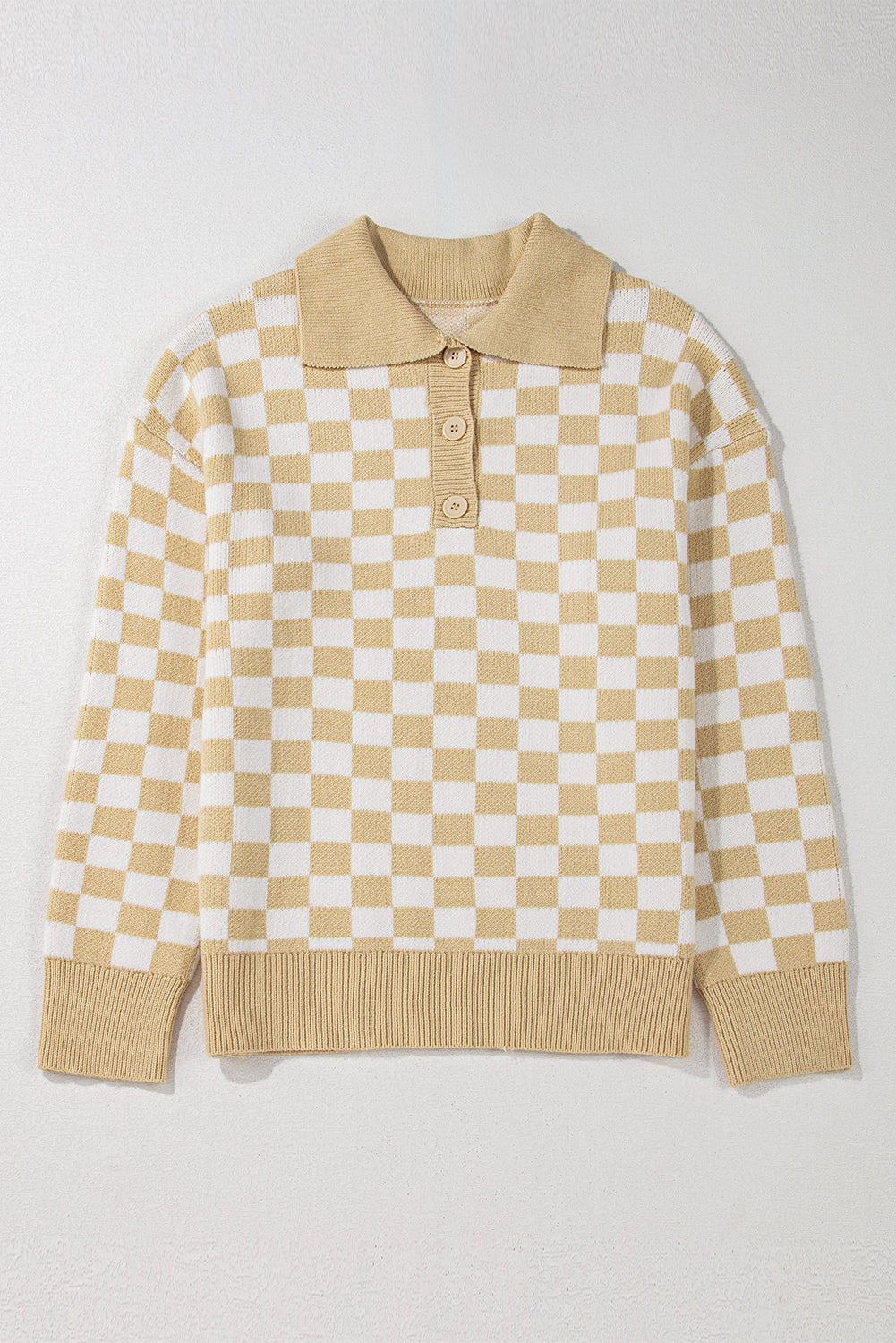 Checkered Collared Neck Long Sleeve Sweater