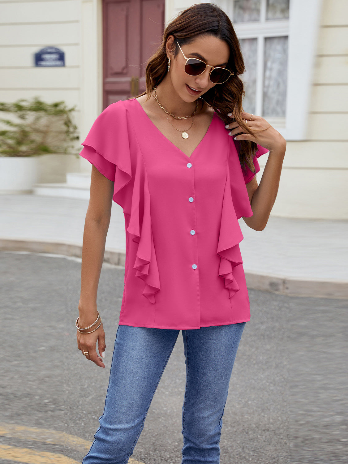 Full Size Ruffled V-Neck Short Sleeve Top